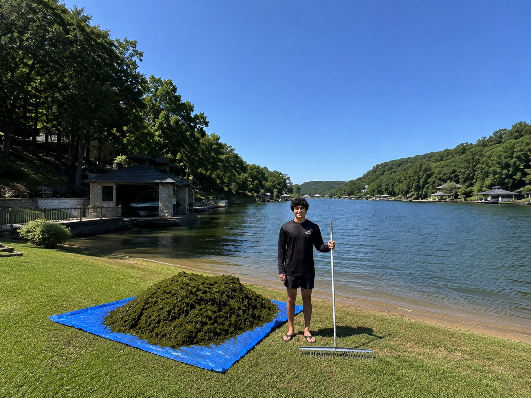 Nicholas Albers standing on a cleared Lake Austin shoreline next to a pile of removed hydrilla
